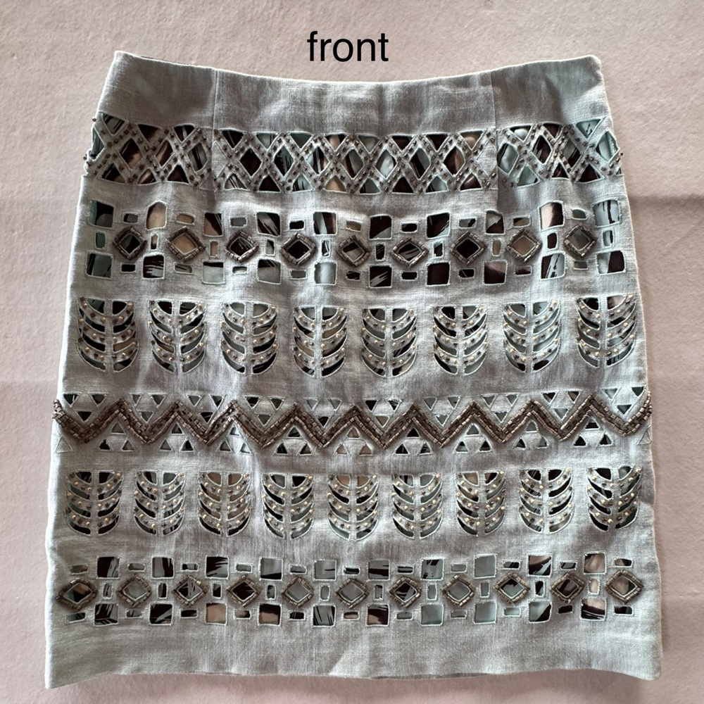 Per Se Linen Beaded Cut-Out Silk Lined Mini Skirt (6) - Picture 7 of 17